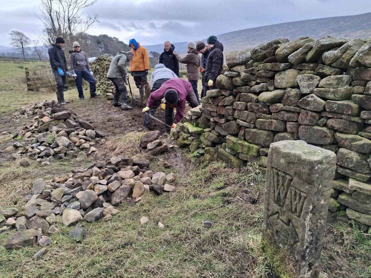 Group taking part in a dry stone walling taster course in Bowland.