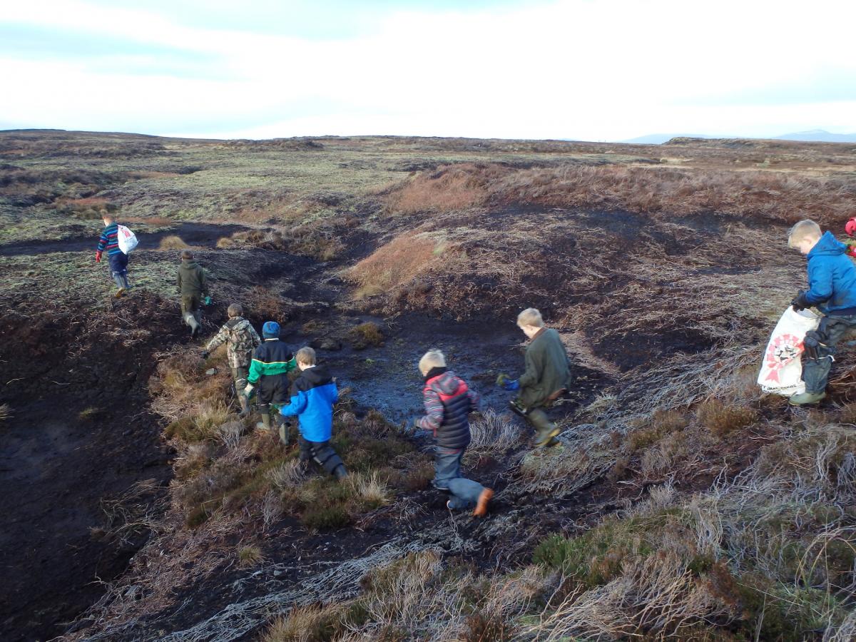 children running between newly created pools to spread aquatic sphagnum