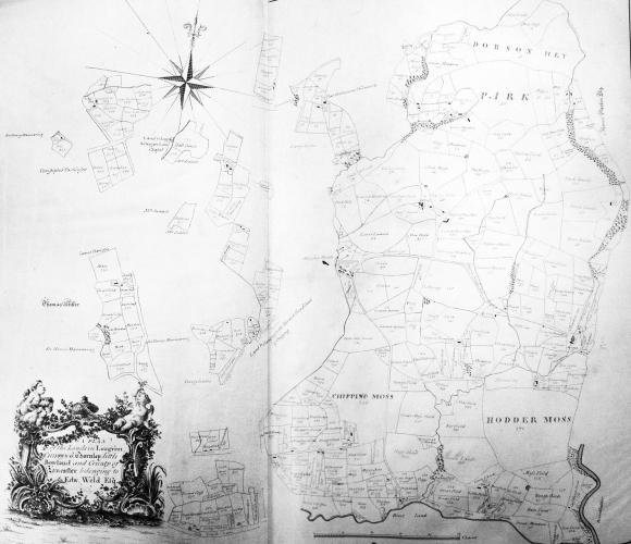 Map of the Leagram part of the Stonyhurst estate in 1774, by John Sparrow, with field names (LRO DDX 59/1, f70) reproduced by kind permission of Lancashire Archives 