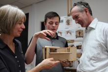 Cathy and Ralph Assheton (chair of LPS) plus Matthew, one of the architecture students with his shepherd's hut design.