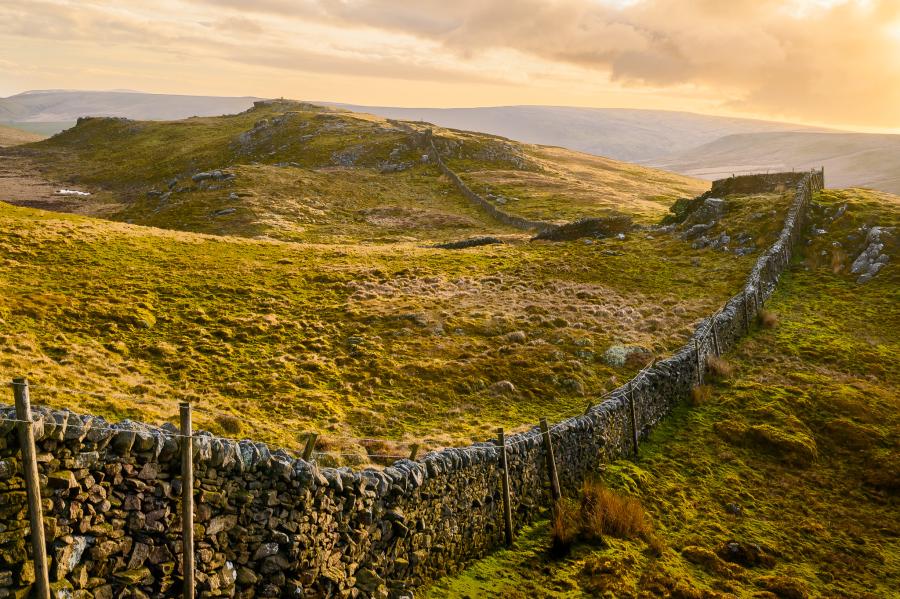 Landscape view of Bowland Knotts with drystone wall