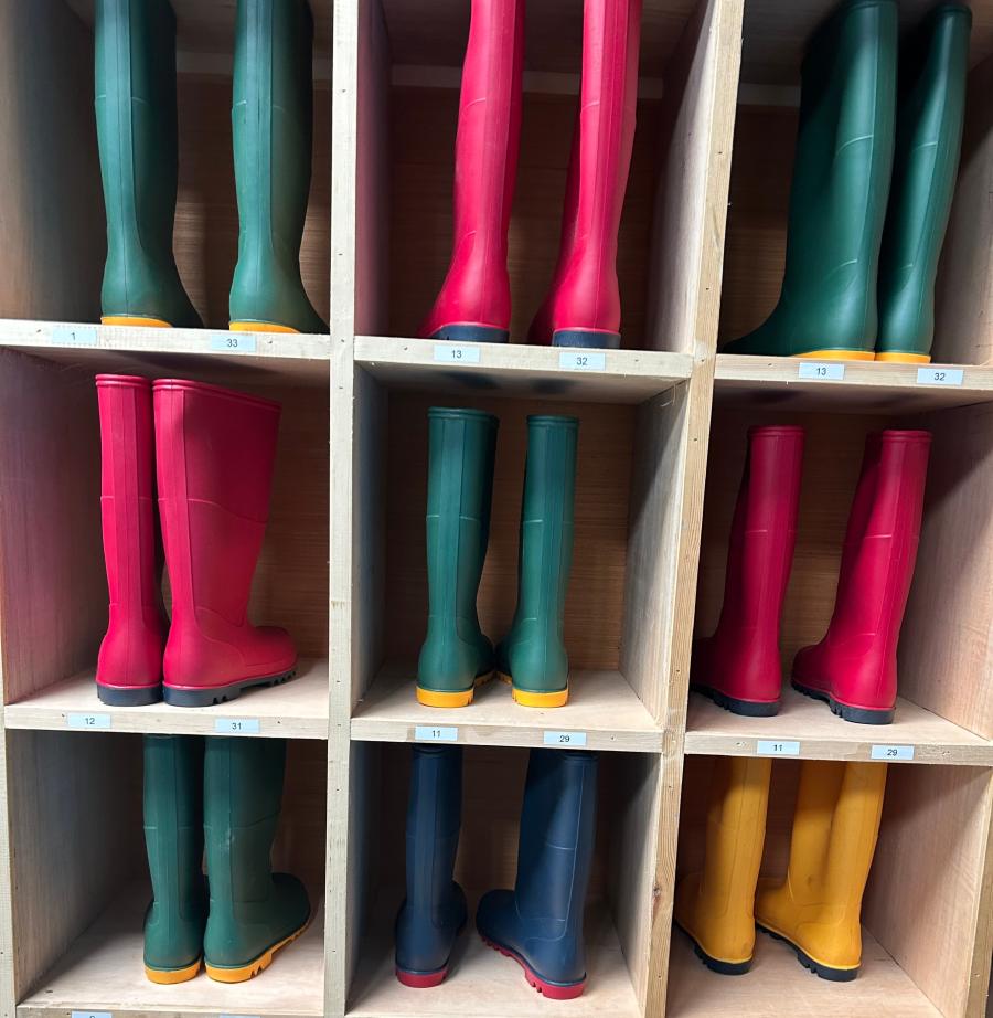 wellies in a rack