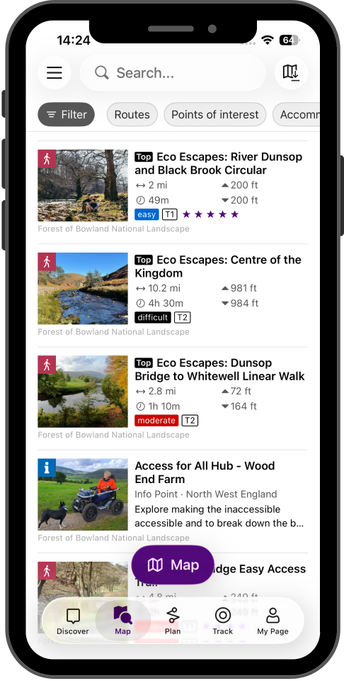 Screenshot of routes on Discover Bowland App