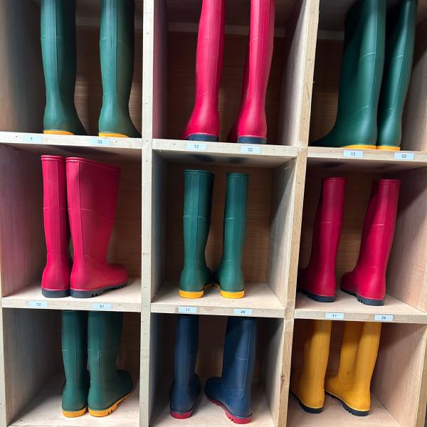 wellies in a rack